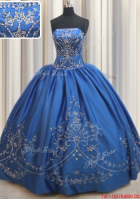 Pretty Strapless Stain Royal Blue Quinceanera Dress with Beading and Embroidery