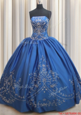 Pretty Strapless Stain Royal Blue Quinceanera Dress with Beading and Embroidery