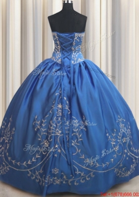 Pretty Strapless Stain Royal Blue Quinceanera Dress with Beading and Embroidery