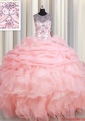 Top Seller See Through Scoop Beaded and Ruffled Quinceanera Dress in Baby Pink