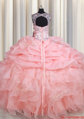 Top Seller See Through Scoop Beaded and Ruffled Quinceanera Dress in Baby Pink