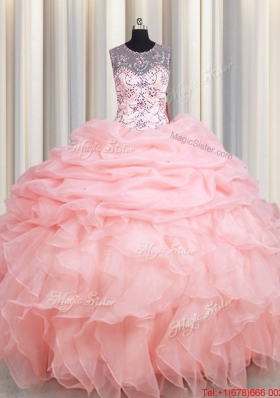 Top Seller See Through Scoop Beaded and Ruffled Quinceanera Dress in Baby Pink