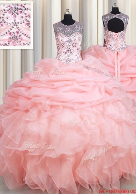 Top Seller See Through Scoop Beaded and Ruffled Quinceanera Dress in Baby Pink