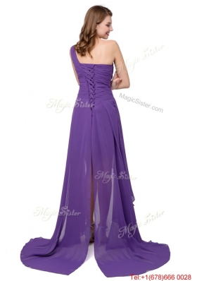 Fashionable One Shoulder Chiffon High-low Lace Up Prom Dresses in Purple