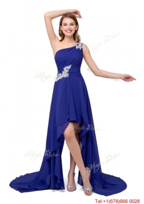 Fashionable One Shoulder Chiffon High-low Lace Up Prom Dresses in Purple