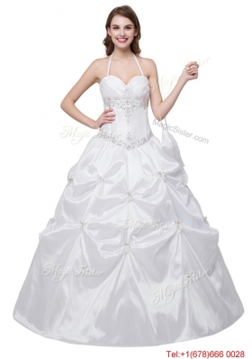 Elegant Puffy Halter Taffeta Beaded and Bubbles Quinceanera Dress in White