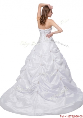 Puffy Strapless Brush Train White Quinceanera Dress with Beading and Pick Up