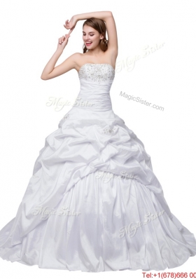 Puffy Sweetheart Brush Train White Wedding Dress with Beading and Pick Up