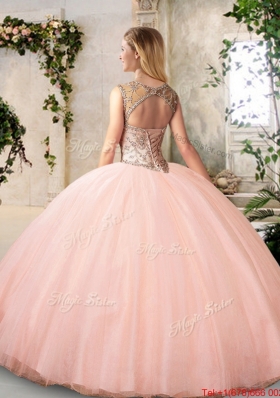 2017 Modest See Through Bateau Peach Quinceanera Dresses with Beading
