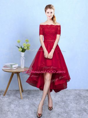 Short Sleeves High Low Appliques Lace Up Court Dresses for Sweet 16 with Wine Red