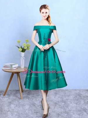 Sleeveless Lace Up Tea Length Appliques Bridesmaid Dress