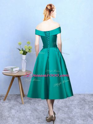 Sleeveless Lace Up Tea Length Appliques Bridesmaid Dress