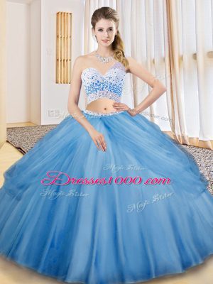 Floor Length Baby Blue Sweet 16 Dress Tulle Sleeveless Beading and Ruching and Pick Ups