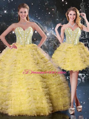 Fantastic Yellow Ball Gowns Organza Sweetheart Sleeveless Beading and Ruffled Layers Floor Length Lace Up 15th Birthday Dress