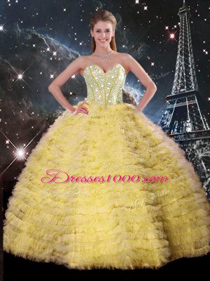 Fantastic Yellow Ball Gowns Organza Sweetheart Sleeveless Beading and Ruffled Layers Floor Length Lace Up 15th Birthday Dress