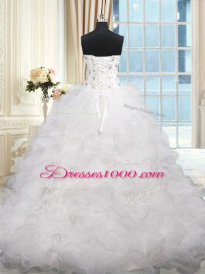 Nice White Ball Gowns Organza Sweetheart Sleeveless Beading and Ruffles Lace Up Quinceanera Dresses Brush Train