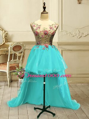 Sleeveless Organza High Low Lace Up Homecoming Dress in Aqua Blue with Embroidery