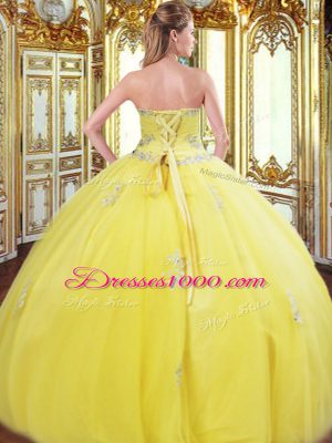 Ball Gowns Sweet 16 Dresses Gold Sweetheart Tulle Sleeveless Floor Length Lace Up