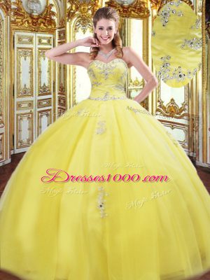 Ball Gowns Sweet 16 Dresses Gold Sweetheart Tulle Sleeveless Floor Length Lace Up