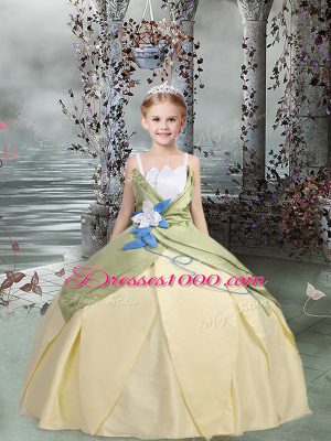 Taffeta Spaghetti Straps Sleeveless Lace Up Ruching and Hand Made Flower Kids Formal Wear in Champagne