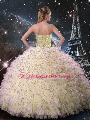 Unique Organza Sweetheart Sleeveless Lace Up Beading and Ruffles Quinceanera Gown in Light Yellow