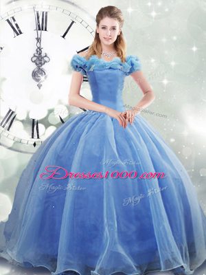 Cheap Light Blue Sleeveless Pick Ups Lace Up Ball Gown Prom Dress
