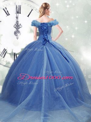 Cheap Light Blue Sleeveless Pick Ups Lace Up Ball Gown Prom Dress