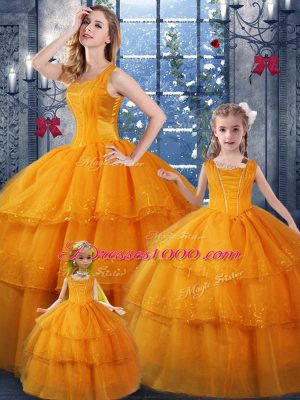 Cute Floor Length Ball Gowns Sleeveless Orange Quinceanera Gowns Lace Up