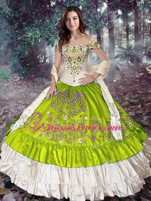 Top Selling Yellow Green 15 Quinceanera Dress Military Ball and Sweet 16 and Quinceanera with Embroidery and Ruffled Layers Off The Shoulder Sleeveless Lace Up