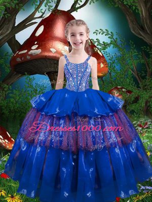 Blue Ball Gowns Straps Sleeveless Organza Floor Length Lace Up Beading and Ruffled Layers Pageant Gowns For Girls