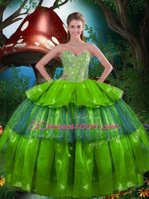 Designer Olive Green Sweetheart Lace Up Beading and Ruffled Layers Ball Gown Prom Dress Sleeveless