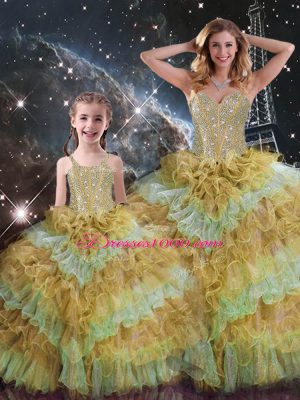 Glittering Sleeveless Organza Floor Length Lace Up 15 Quinceanera Dress in Multi-color with Beading and Ruffled Layers and Sequins