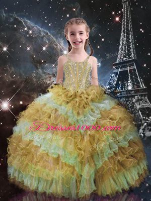 Glittering Sleeveless Organza Floor Length Lace Up 15 Quinceanera Dress in Multi-color with Beading and Ruffled Layers and Sequins