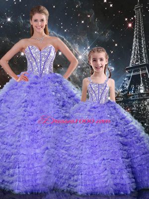 Flirting Sleeveless Floor Length Beading and Ruffles Lace Up Vestidos de Quinceanera with Lavender
