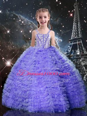 Flirting Sleeveless Floor Length Beading and Ruffles Lace Up Vestidos de Quinceanera with Lavender
