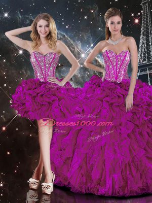 Glamorous Fuchsia Organza Lace Up Vestidos de Quinceanera Sleeveless Floor Length Beading and Ruffles