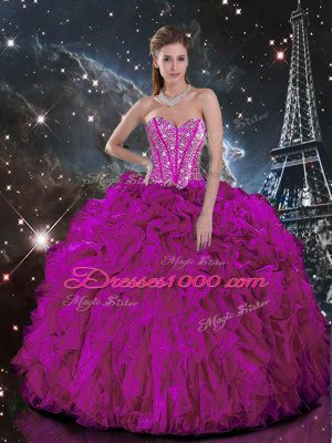 Glamorous Fuchsia Organza Lace Up Vestidos de Quinceanera Sleeveless Floor Length Beading and Ruffles