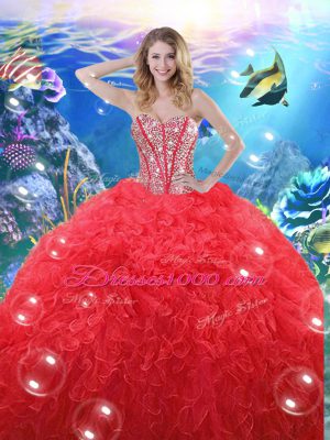 Coral Red Sleeveless Organza Lace Up Sweet 16 Quinceanera Dress for Military Ball and Sweet 16 and Quinceanera