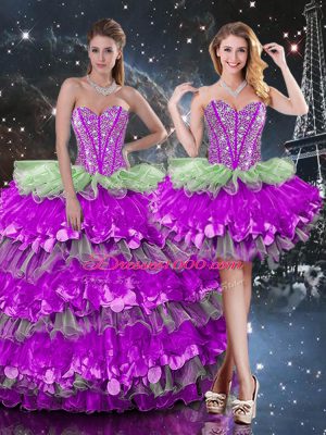 Multi-color Sleeveless Floor Length Beading and Ruffles and Ruffled Layers Lace Up Quinceanera Dress