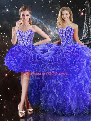 Romantic Floor Length Lace Up Ball Gown Prom Dress Blue for Military Ball and Sweet 16 and Quinceanera with Beading and Ruffles