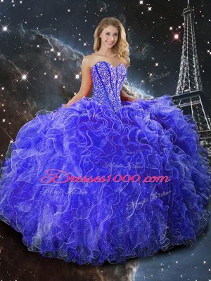 Romantic Floor Length Lace Up Ball Gown Prom Dress Blue for Military Ball and Sweet 16 and Quinceanera with Beading and Ruffles