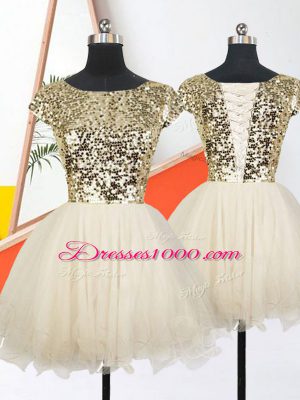 Sequins Prom Dress Champagne Lace Up Short Sleeves Mini Length
