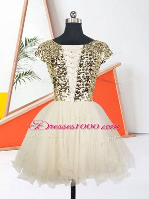 Sequins Prom Dress Champagne Lace Up Short Sleeves Mini Length