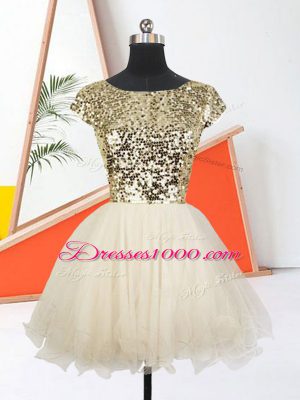 Sequins Prom Dress Champagne Lace Up Short Sleeves Mini Length