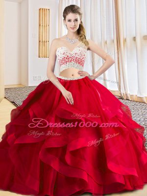 Floor Length Red Quinceanera Gowns One Shoulder Sleeveless Criss Cross