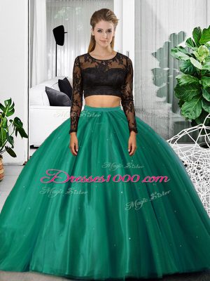 Dark Green Long Sleeves Floor Length Lace and Ruching Backless Quinceanera Gowns