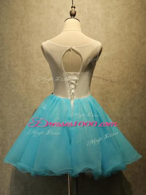 A-line Blue Scoop Organza Sleeveless Mini Length Lace Up