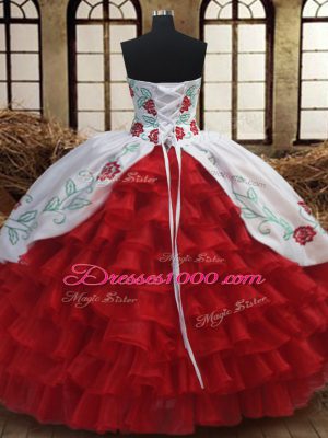 Floor Length Lace Up 15 Quinceanera Dress Wine Red for Military Ball and Sweet 16 and Quinceanera with Embroidery and Ruffled Layers