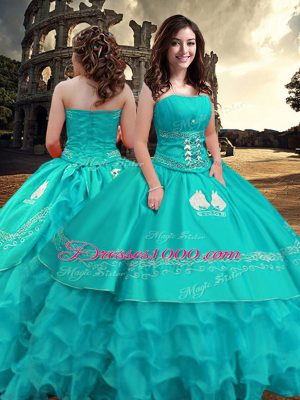 Suitable Turquoise Strapless Neckline Embroidery and Ruffled Layers Vestidos de Quinceanera Sleeveless Zipper