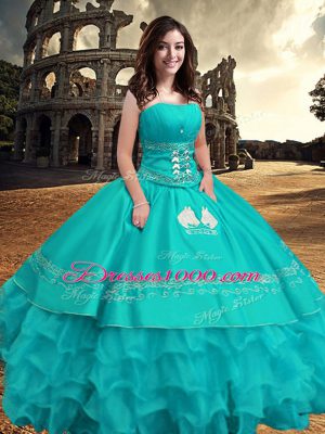 Suitable Turquoise Strapless Neckline Embroidery and Ruffled Layers Vestidos de Quinceanera Sleeveless Zipper